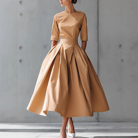 Elegant Pleated Pockets Dress for Women's Solid Round Neck Minimalist Pleated A-Line High Waist Evening Wedding Guest Dress