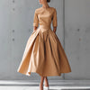Elegant Pleated Pockets Dress for Women's Solid Round Neck Minimalist Pleated A-Line High Waist Evening Wedding Guest Dress