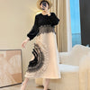 Anmrem Tie Flower Design Women's Pleated Dress O-neck Long Sleeve Colorblock Patchwork Chic Beading Loose Famale Clothes 2DB5753