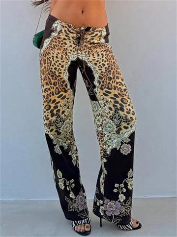 Leopard Flower Print Pants Women Hottie Drawstring Midnight Party Streetwear Autumn Daily Chic Bottoms