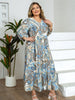 Plus Size Women's Blue-Brown Ethnic Paisley Print V-Neck Half Sleeve Tie Waist Dress