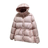 Women Belted Down Jacket with Hood Autumn Winter Warm Thick Outwear White Duck Down Casual Coat