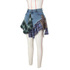 Women Plaid Denim Patchwork Streamer Irregular A-line Mini Skirt Street Female Classic Jeans Cargo Skirts