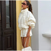 Shiny Stand Collar Short Jacket Women Puff Sleeve Drawstring Waist Cinching Pleated Jackets Autumn Causal Lady Outerwear