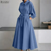Plus Size Women Stylish Belted Pleated Maxi Dresses Long Sleeve Lapel Half Buttons Solid Color Long Dress Streetwear 5XL