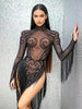 Sexy Sparkly Rhinestone Sequins Tassel Mesh Transparent Dress Women Evening Birthday Party Nightclub Dance Singer Stage Outfit