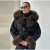 Elegant Faux Fur Thicken Jackets Women's Long Sleeves Pockets Patchwork Belts Hoodie Coat Winter Chic Warm Outerwear