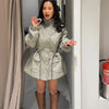 Women Casual Plaid Cropped Trench Coat Lapel Double Breasted Belted Waist Loose Long Sleeve Checkered Jacket Autumn Windbreaker
