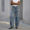 Chic Y2K Style Metal Decoration Washed Blue Women's Stacked Jeans Pants For Woman Clothing Wide Leg Vintage Denim Trouserso