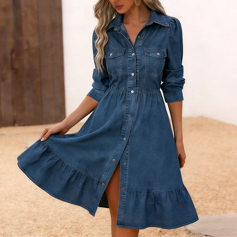 Women Flowy Denim Dress Vacation Lapel Long Puff Sleeve Button Down Sundress A Line Swing Ruffles Jean Dresses Robe Femme
