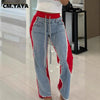 Women Straight Drawstring Waist Wide Leg Pants Jeans Denim Patchwork Sporty Holiday Jogger Sweatpants Trousers
