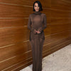 Turtleneck Long Sleeve Bodycon Dress Women Tight Elastic Lace-up Maxi Dresses Winter Evening Party Curvy Robe Red Brown