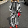 Vertical Stripe Two Piece Outfit Stand Collar Zip Up Jacket Elastic Waist Wide Leg Pants Loose Women Casual High Street Set