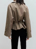 Beige Checkered Cropped Trench Coat Women Stand Collar With Waist Belt Loose Oversized Autumn Daily Wear Outer Jacket