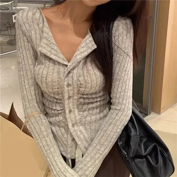 Korean Knit Cardigan Women Y2k Clothes V Lapel Long Sleeve Knitted Jumper Collar Sweater Coat Vintage Slim Cardigan