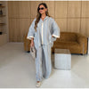 Striped Long Pants Set Color Block Turn Down Collar Three Quarter Sleeve Shirt Wide Leg Bottoms Casual Chic Women Outfits