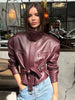 Beige Croc Leather Cropped Jacket Y2k Stand Collar Long Sleeve Wide Cuff Oversize Coat Autumn Street Daily Casual Outerwear