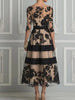 Elegant Women Midi Evening Dress O‑Neck 3/4 Sleeve Black Floral Flocking Tulle Mesh A‑Line Cocktail Party Formal Prom Dresses