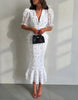 Women White Floral Print Puff Sleeve Blazer Collar Peplum Mermaid Midi Dress Elegant Casual Gown Bridesmaid Wedding Sundress