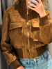 Women's Cropped Bomber Jacket Stand Collar Zipper Patch Pocket Rib Trim Long Sleeve Short Coat Vintage Autumn Casual Outfit