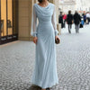 Elegant Women Ruched Slim Maxi Dress Autumn Winter Pink Swing Collar Long Sleeve Casual Party Pleats Long Dresses Robe
