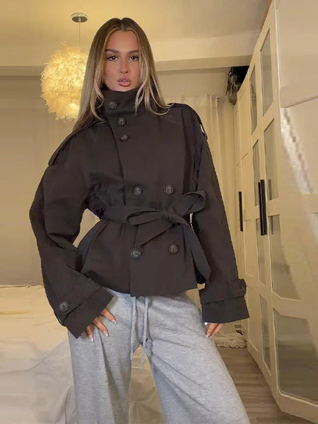 Spring Women's Solid Lace Up Trench Coat Stand Collar Double Breasted Jacket Stylish Lady Long Sleeve Outerwear Street