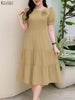 Elegant Chic Womens Tiered Midi Dresses Fabric Flower Detailed O-Neck Short Puff Sleeve Solid Color A-Line Dress Woman