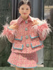 Women Auutmn Winter Sweet Feather Single Breasted Tweed Short Jacket High Waist A-Line Skirt Offce Ladies Two Piece Set
