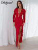 V-Neck Long Sleeve Slim Side Slit Mesh Patchwork Long Dress Women'S Solid Sexy Elegant Clothes Party Club Autumn Outfit