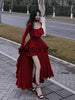 Spring Women Elegant Long Slevee Midi Dress Female Red Square Collar Ruffle Party Dress Christmas Irregular Prom Dress