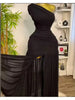 Women One Shoulder Skew Neck High Split Pleated Hem Bodycon Long Maxi Dress Evening Sexy Club Party Long Maxi Dresses