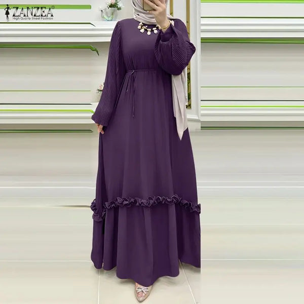 Modest Hijabs Abaya Long Dresses Women Muslim Ramadan O-Neck Pleated Lantern Sleeve Solid Color Ruffles A-Line Robes 3XL