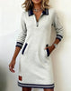 Autumn Winter Versatile Women's Dress Casual Contrasting Color Splicing Lapel Long-sleeved Loose Dress With Pockets