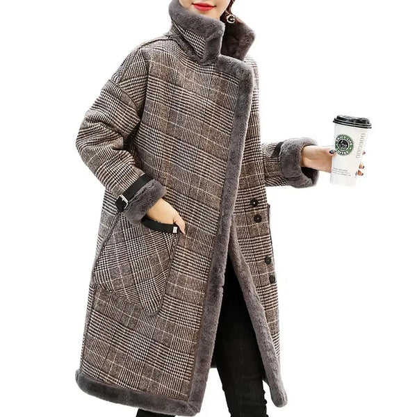 Autumn Winter Plaid Cotton Jacket Women's Warm Temperament Polo Collar Wool Coat Female Long Parkas Overcoat