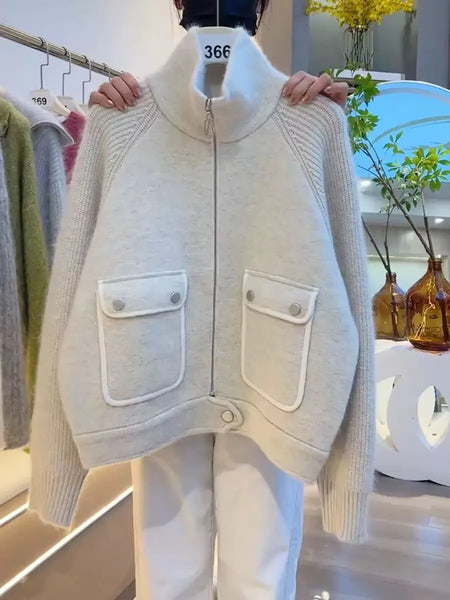 Ladies High Collar Knitted Sweater Coat Double Pocket Lazy Style Warm Autumn Zipper Knitwear Patchwork Sweatshirt