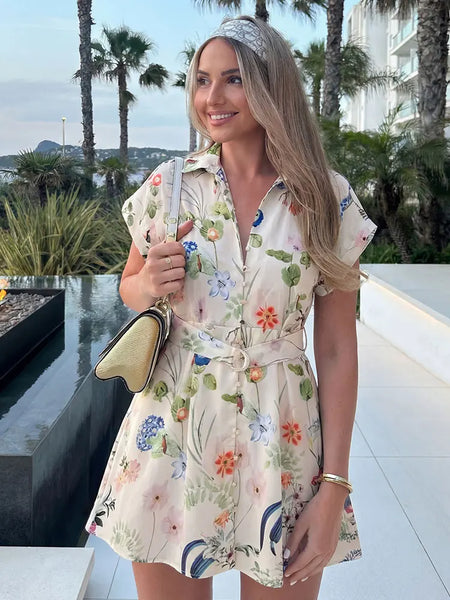 Women's Floral Print Shirt Dress Collared Cap Sleeve Button Down Belted Mini Dresses for Woman Party Vacation Outfits