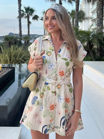 Women's Floral Print Shirt Dress Collared Cap Sleeve Button Down Belted Mini Dresses for Woman Party Vacation Outfits