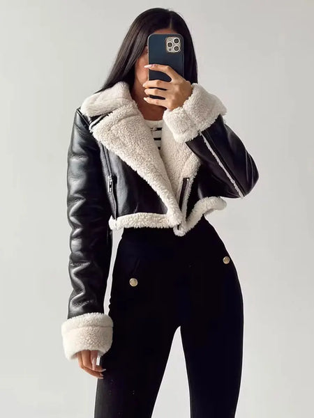 Women Faux Leather Thicken Short Jacket Vintage Front Zipper Lapel Long Sleeve Coat Winter Women Warm Casual Outerwear