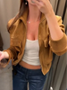 Women's Cropped Bomber Jacket Stand Collar Zipper Patch Pocket Rib Trim Long Sleeve Short Coat Vintage Autumn Casual Outfit