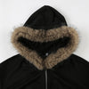 Autumn Winter Faux Fur Collar Solid Hooded Coats Women Casual Slim Waist Zip Hoodies Gothic Jackets Chic Streetwear