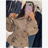 Women Short Trench Coat Jacket Plaid Lapel Double Breasted Belted Waist Loose Long Sleeve Checkered Cropped Lady Autumn Coat
