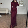 Elegant Temperament Long Sleeved Dress Lace Slim Fit Women's Party Dress Fall Asymmetrical High Waist Draped Banquet Dress Mujer