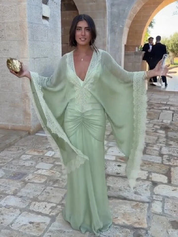 Elegant Green Lace V Neck Maxi Dress Women Chic Full Flared Sleeve Pleated Slim Fit Layered Gown Evening Wedding Guest Robe