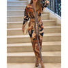 Women Vintage Baroque Print Long Sleeve Bodycon Dress Casual Plunge V Neck Ruched Slim Fit Midi Dress Party Elegant Wear