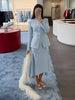 Light Blue Cape 3 Piece Outfit Women Solid Slim Blouse Asymmetrical Hem Midi Skirt Lady Formal Office Matching Set
