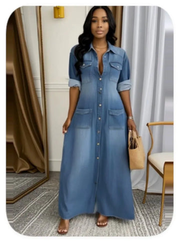 Lady Casual Denim Dress Long Sleeve Turn-down Collar Button Loose Dresses Robe Femme Office Womens Clothing Spring