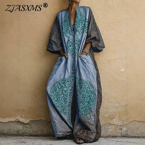 Bohemian Ethnic Pattern Women's Jumpsuit Batwing Sleeve Wide Leg Loose Long Pantsuit Vintage V Neck Pockets Vacation Romper
