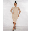Elegant Women Floral Applique Mesh Long Sleeve Knit Ribbed Sweater Dress Autumn Winter Bodycon Dresses Vestidos