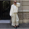 Women Pant Set Satin Lace Round Neck Puff Long Sleeve Button Front Drawstring Waist Blouse Cuffed Ruffle Hem Pants Elegant Suit