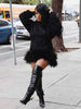 Women Hooded Long Sleeve Fur Hem Sweathirt Style Midi Dress Winter Streetwar Mini Black Dresses Vestidos